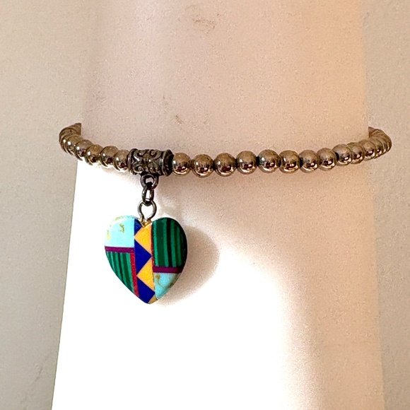 bracelet vintage heart inlay Southwestern Zuni or Navajo stretch silver beads - Picture 5 of 8